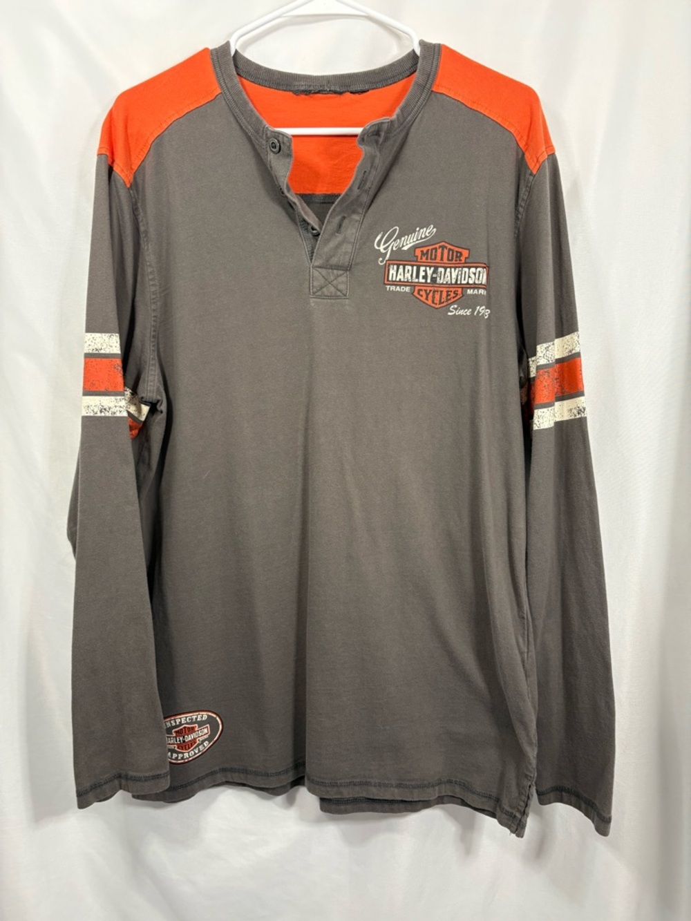 Harley-Davidson Gray Long-Sleeve Henley with Orange Accents